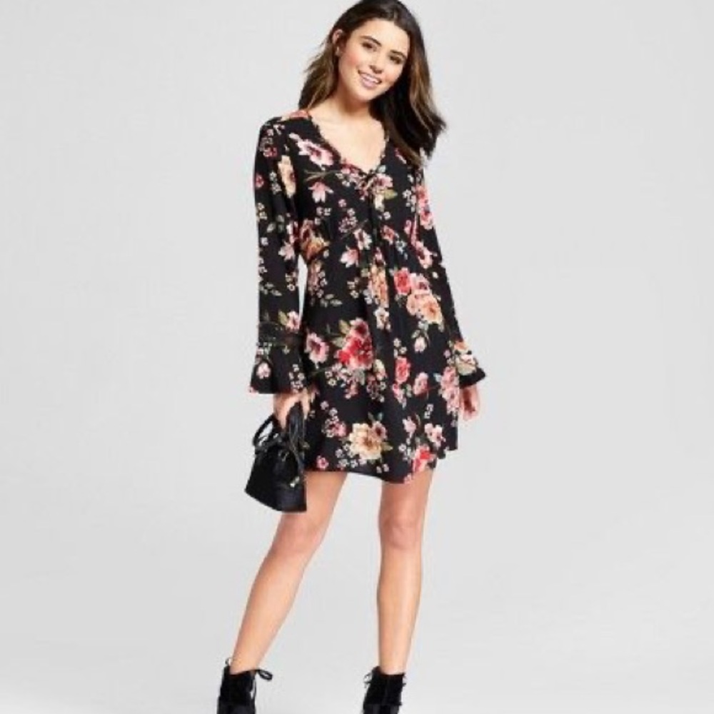 Black Floral Bell Sleeve Dress